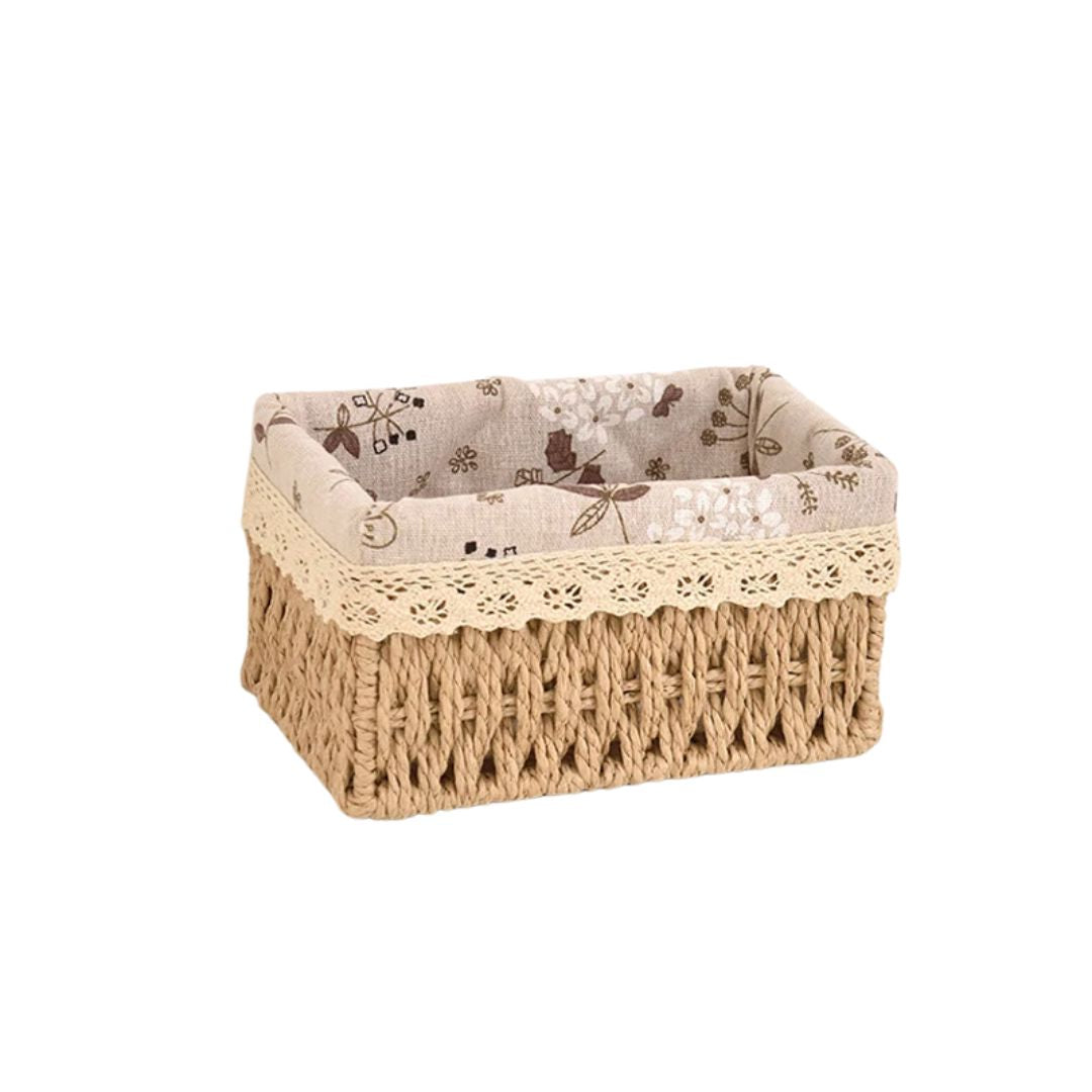 Cesta Bege Retangular de Rattan Plástico com Forro em Tecido