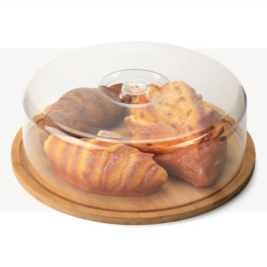 Bandeja de Bambu com Tampa em Acrílico Redonda