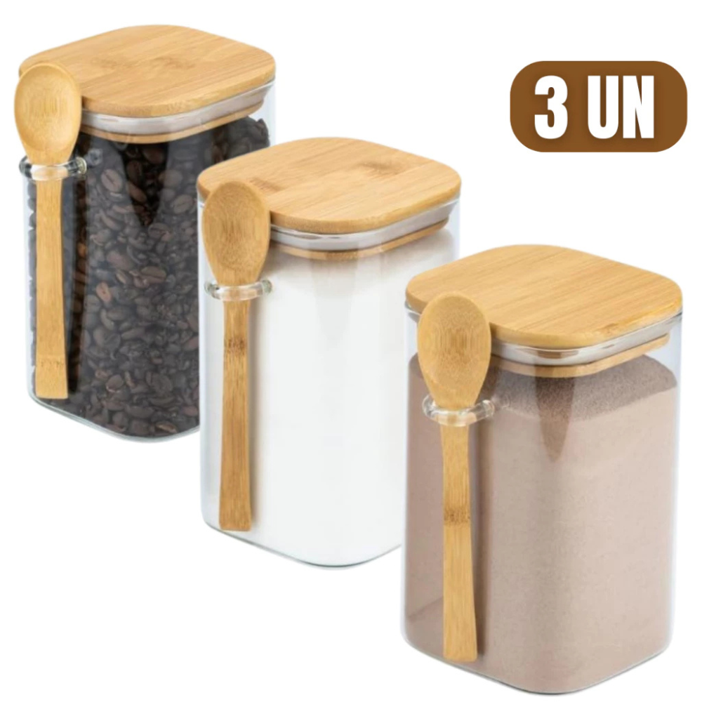 Potes Herméticos de Vidro com Colher de Bambu – Linha Eco (200ml)