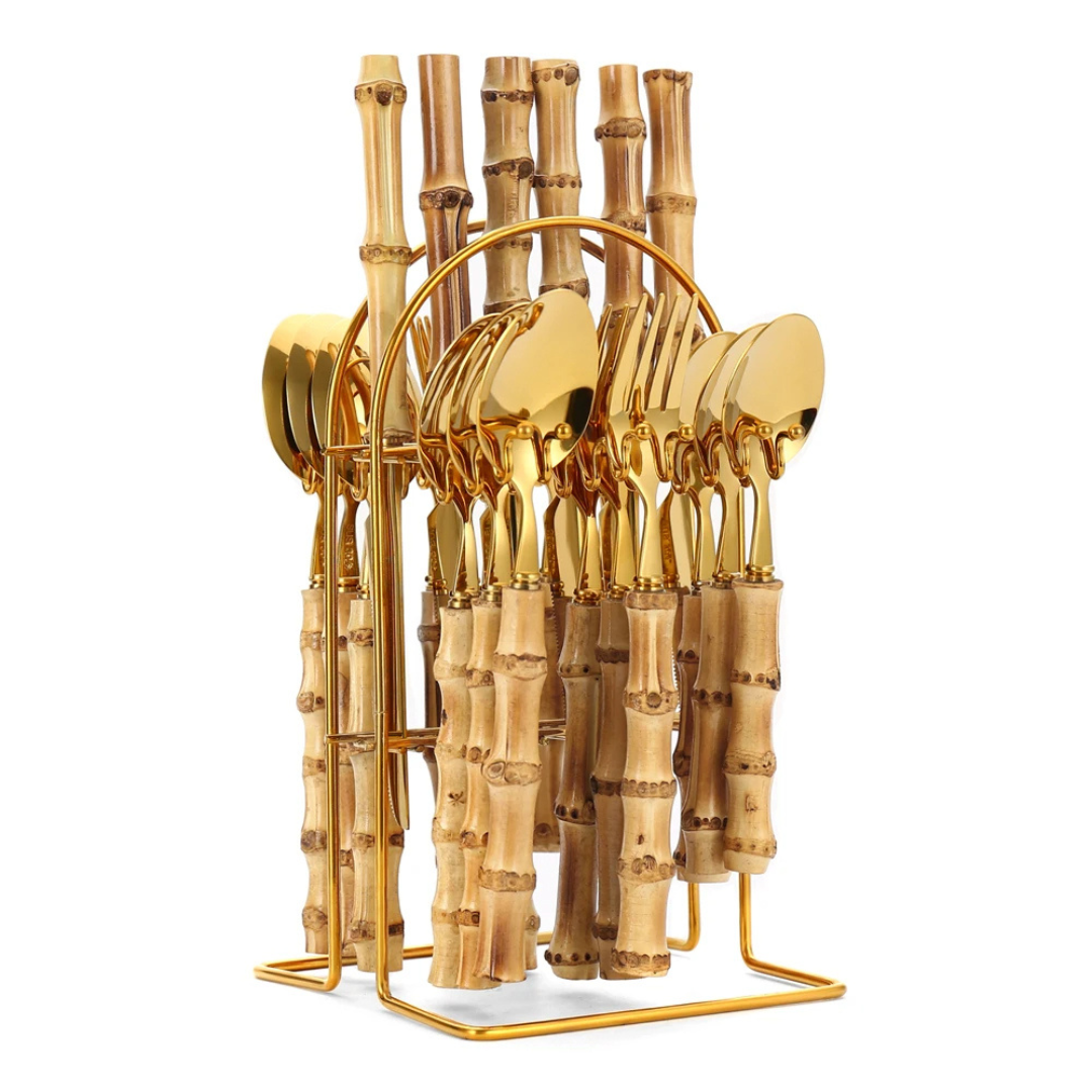 Faqueiro Dourado em Aço Inox com Cabo de Bambu Natural