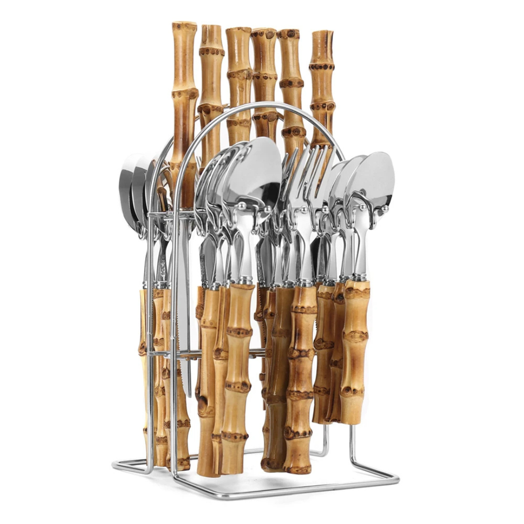 Faqueiro Prata em Aço Inox com Cabo de Bambu Natural