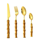Faqueiro Dourado em Aço Inox com Cabo de Bambu Natural