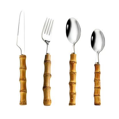 Faqueiro Prata em Aço Inox com Cabo de Bambu Natural