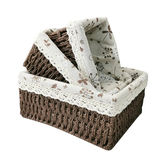 Cesta Marron Retangular de Rattan Plástico com Forro em Tecido