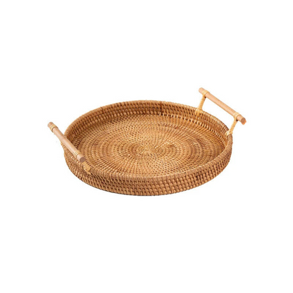 Bandeja Redonda de Vime Artesanal com Alça de Madeira