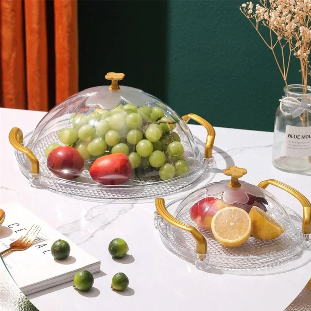 Bandeja Redonda de Plástico com Acabamento Dourado e Alça Ergonômica