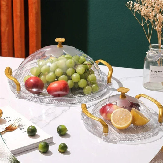 Bandeja Redonda de Plástico com Acabamento Dourado e Alça Ergonômica