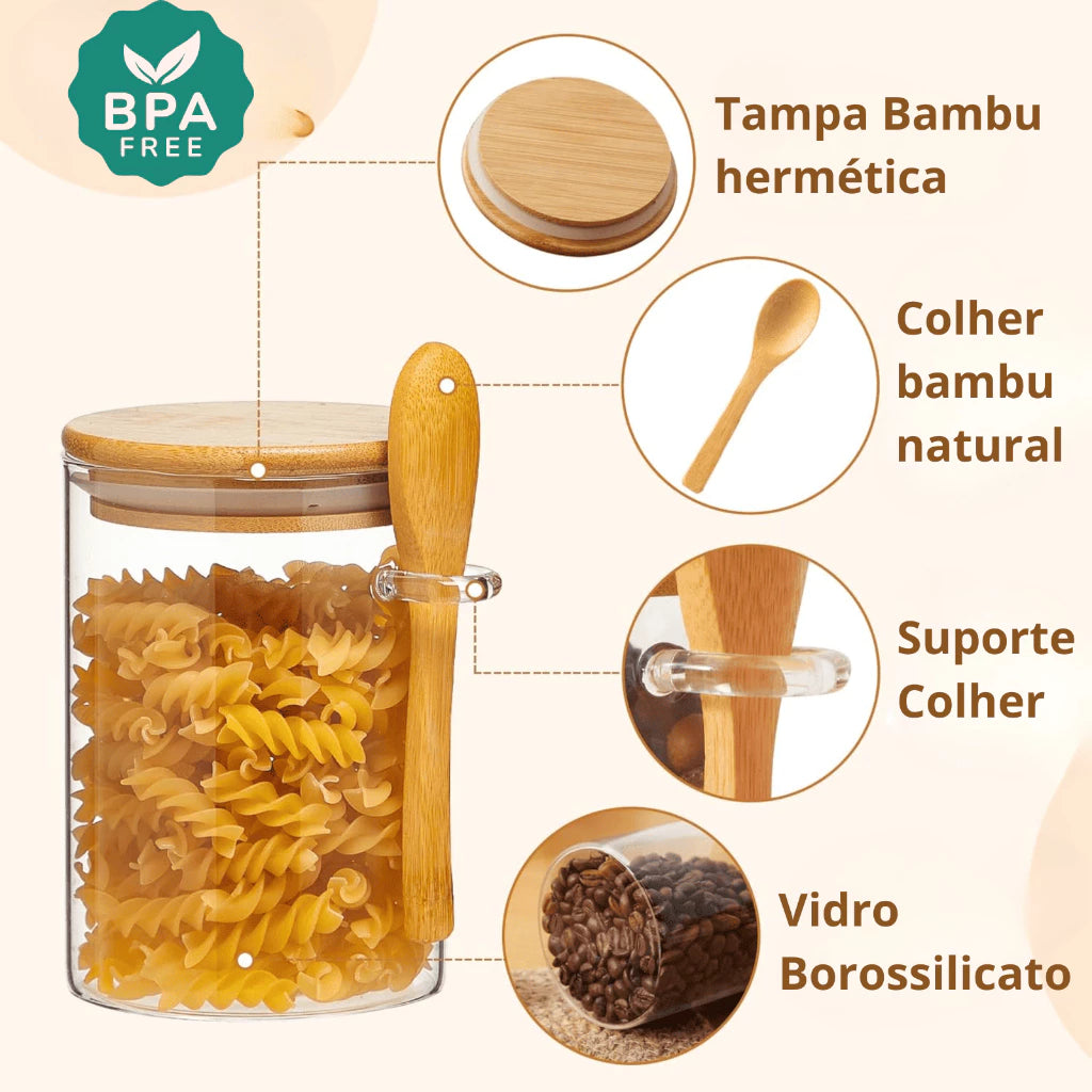 Kit 6 Porta-Temperos com Colher de Bambu – Linha Eco Spice (200ml)