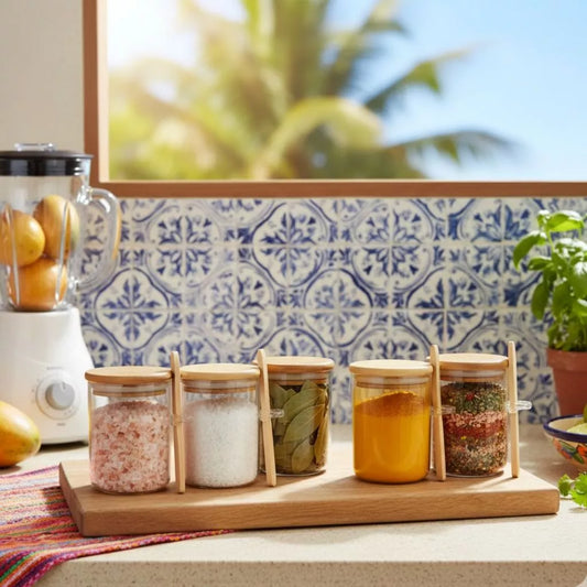 Kit 6 Porta-Temperos com Colher de Bambu – Linha Eco Spice (200ml)