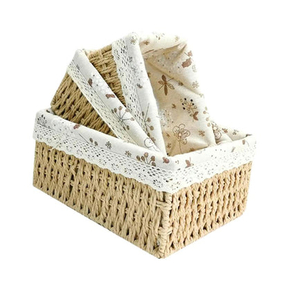 Cesta Bege Retangular de Rattan Plástico com Forro em Tecido