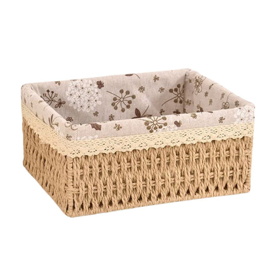 Cesta Bege Retangular de Rattan Plástico com Forro em Tecido