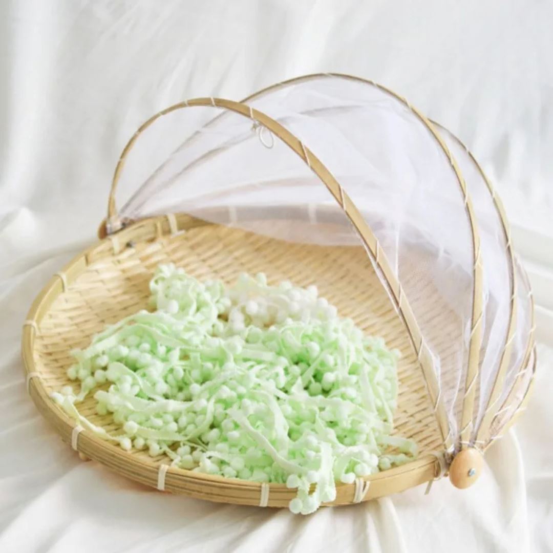 Cesto de Bambu Porta Pão e Bolo Cobertura Tela Retrátil