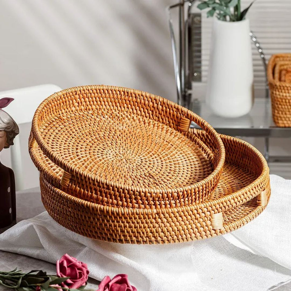 Bandeja Decorativa de Rattan Natural com Alças Laterais