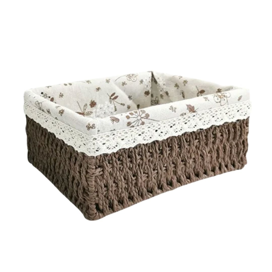 Cesta Marron Retangular de Rattan Plástico com Forro em Tecido