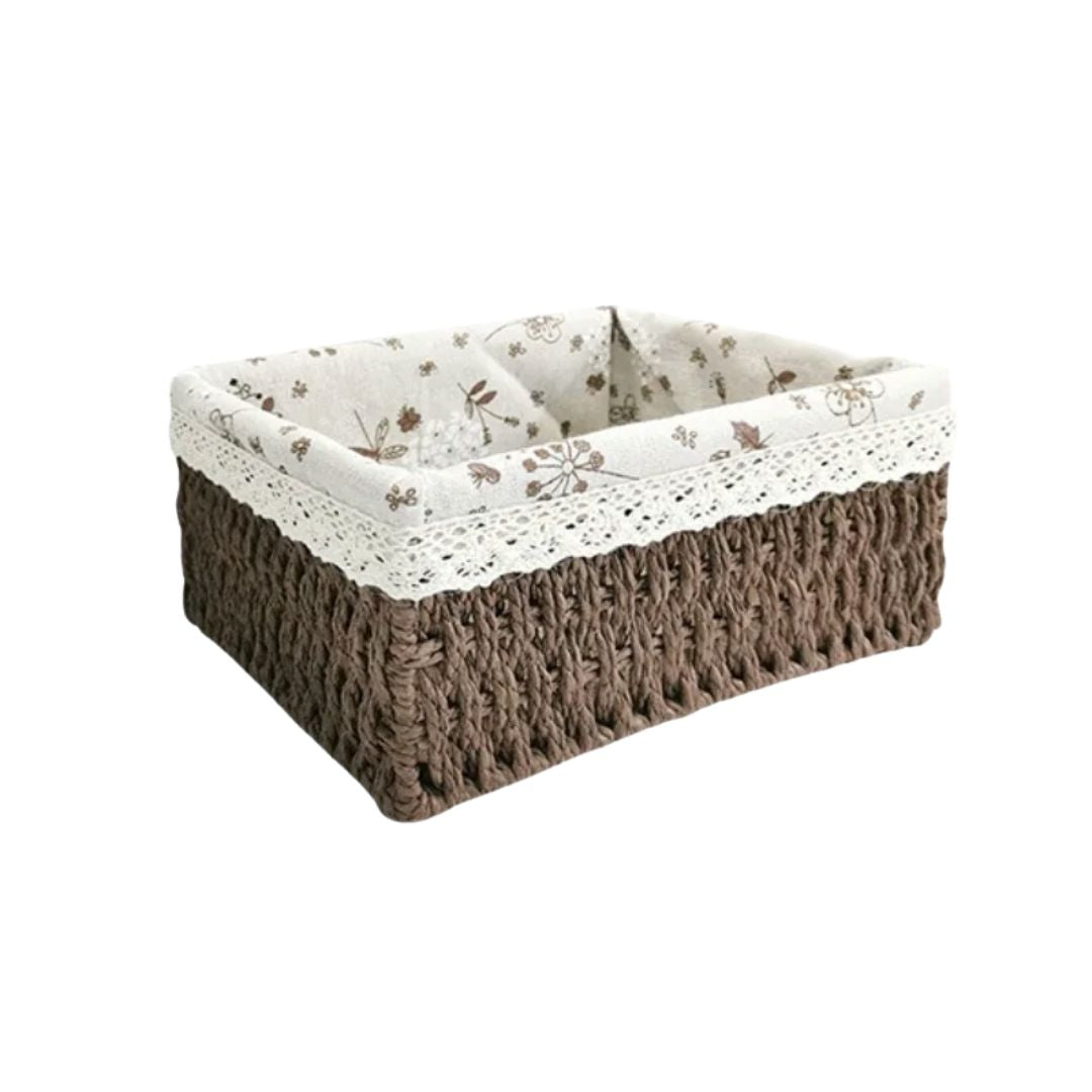 Cesta Marron Retangular de Rattan Plástico com Forro em Tecido