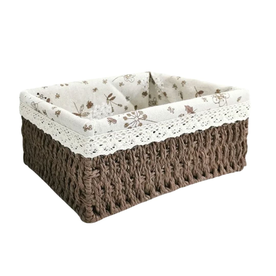 Cesta Marron Retangular de Rattan Plástico com Forro em Tecido