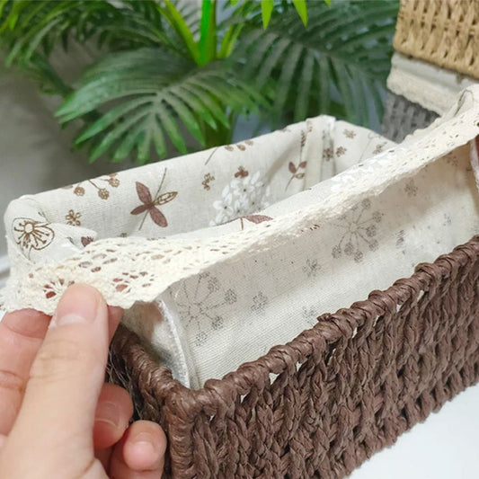 Cesta Marron Retangular de Rattan Plástico com Forro em Tecido