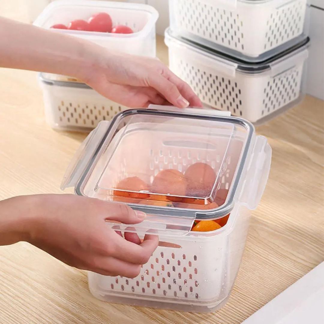 Vasilha de Plástico para Geladeira com Tampa e Drenagem