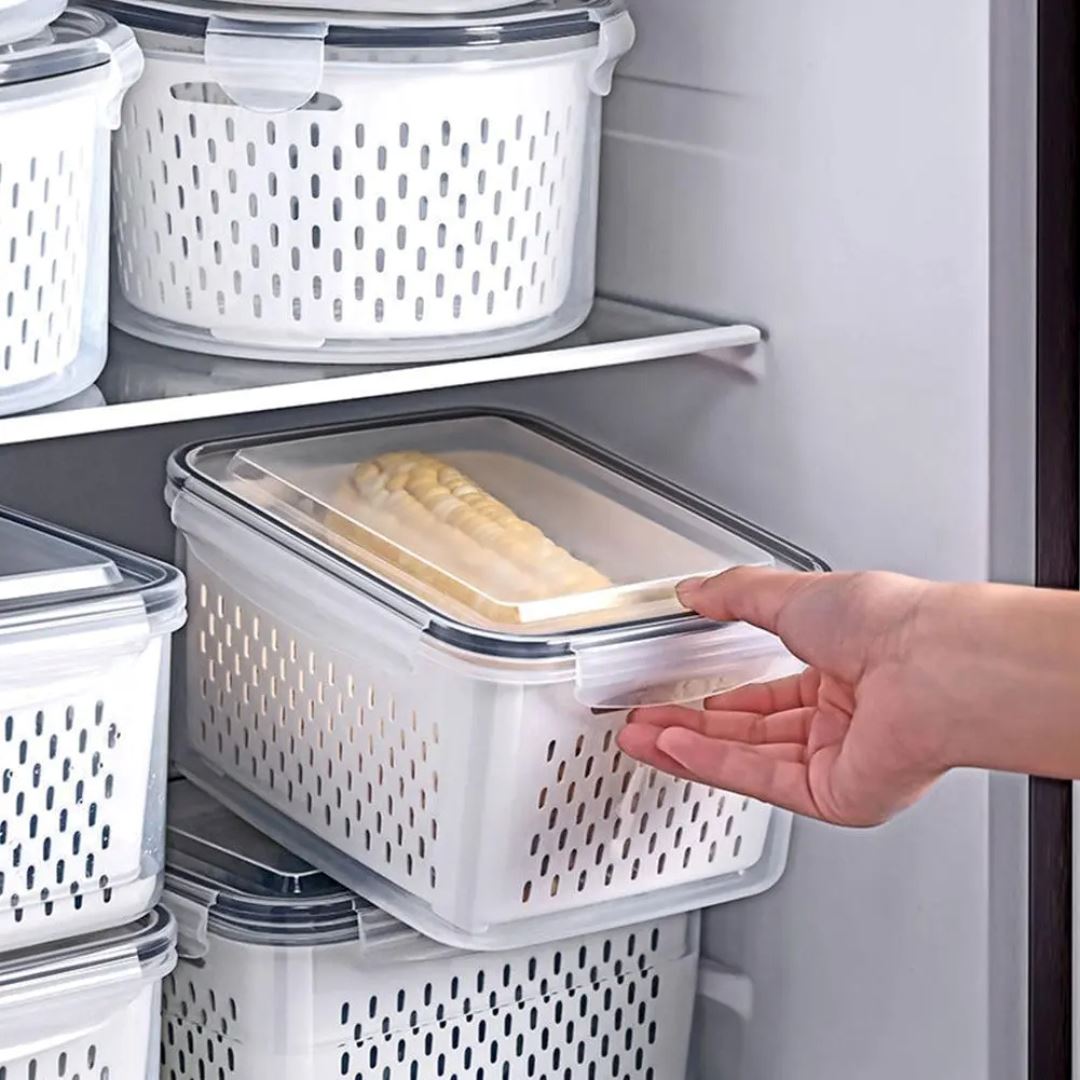 Vasilha de Plástico para Geladeira com Tampa e Drenagem