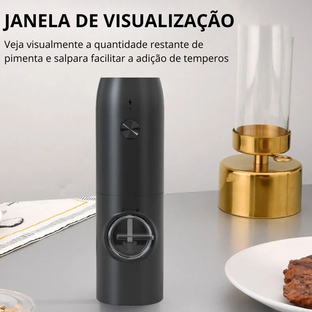 Moedor de Pimenta e Sal Automático USB com Luz LED e Ajuste de Moagem