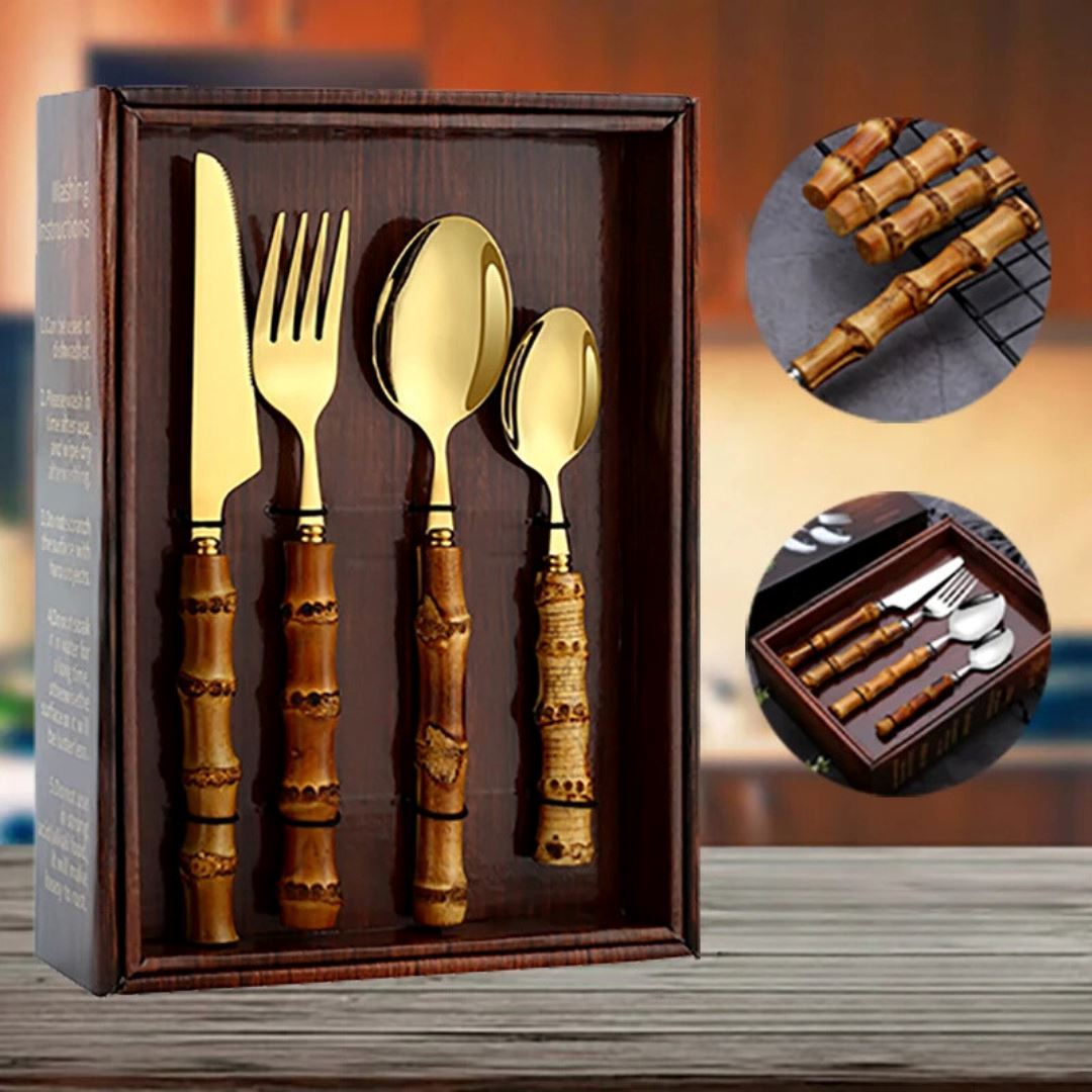 Faqueiro Dourado em Aço Inox com Cabo de Bambu Natural