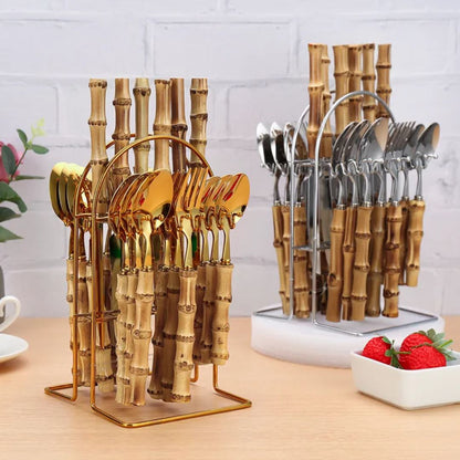 Faqueiro Dourado em Aço Inox com Cabo de Bambu Natural