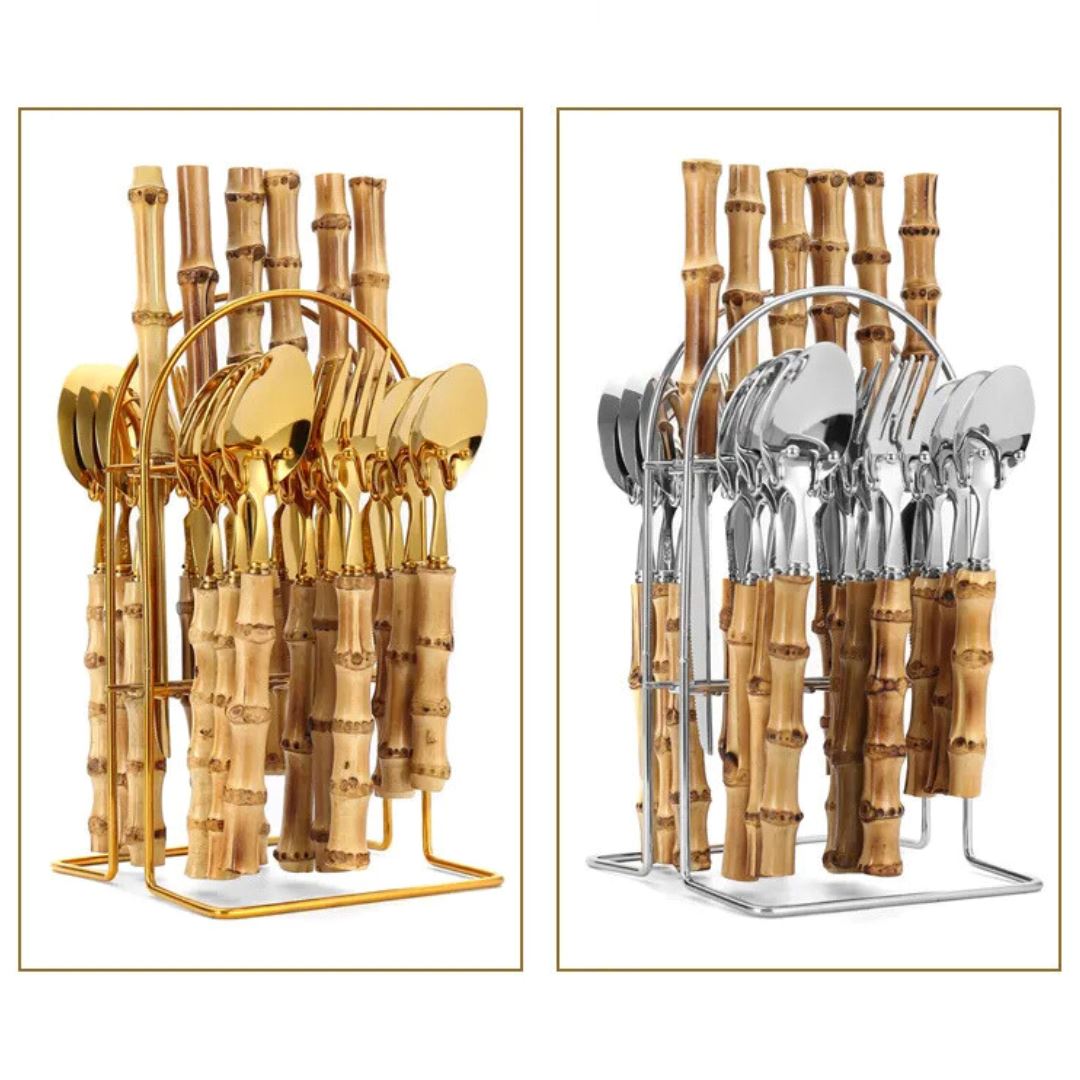 Faqueiro Dourado em Aço Inox com Cabo de Bambu Natural