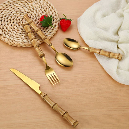 Faqueiro Dourado em Aço Inox com Cabo de Bambu Natural