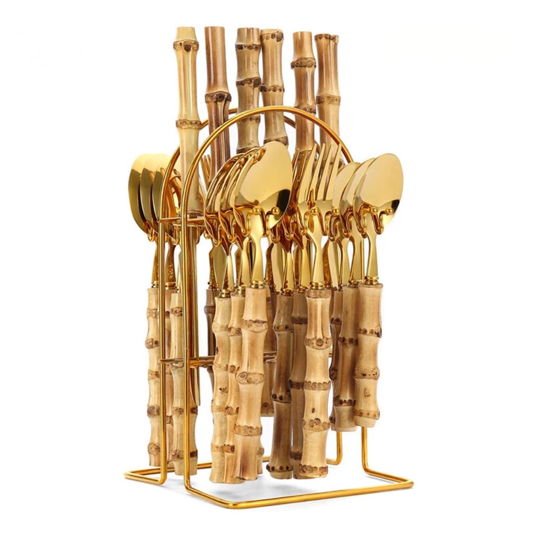 Faqueiro Dourado em Aço Inox com Cabo de Bambu Natural