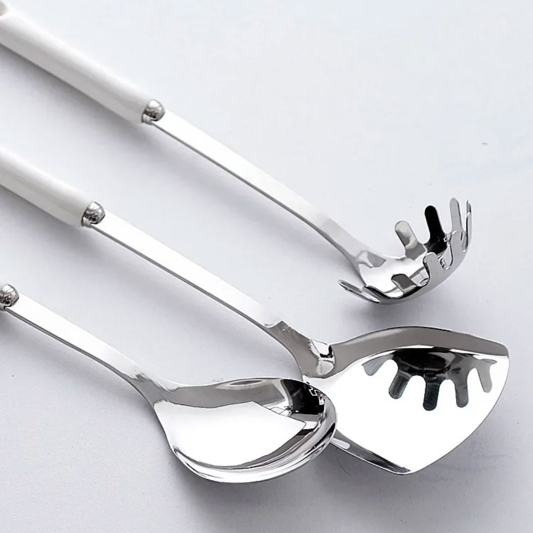 Kit de Utensílios de Cozinha em Aço Inox com Cabo de Cerâmica – 7 Peças