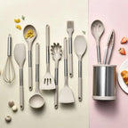 Kit de Utensílios de Cozinha em Silicone com Aço Inox e Balde Giratório – 12 Peças