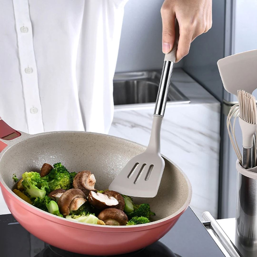 Kit de Utensílios de Cozinha em Silicone com Aço Inox e Balde Giratório – 12 Peças