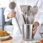 Kit de Utensílios de Cozinha em Silicone com Aço Inox e Balde Giratório – 12 Peças