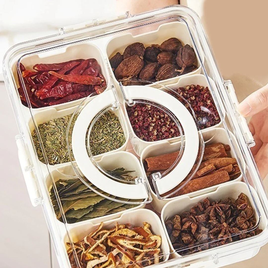 Caixa de Especiarias e Petiscos com Vedação Hermética e Divisórias