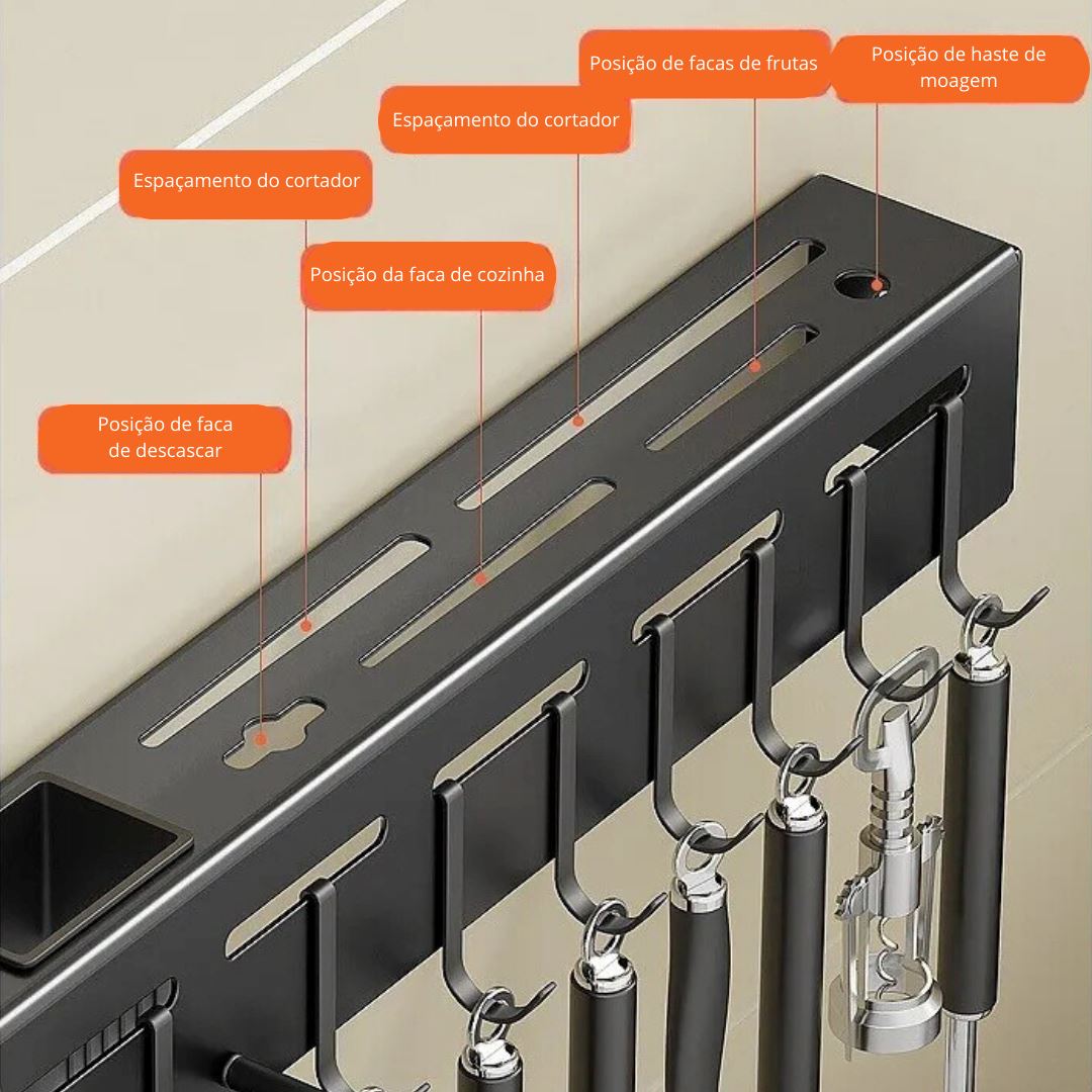 Suporte de Parede para Utensílios de Cozinha em Aço Inox sem Furo