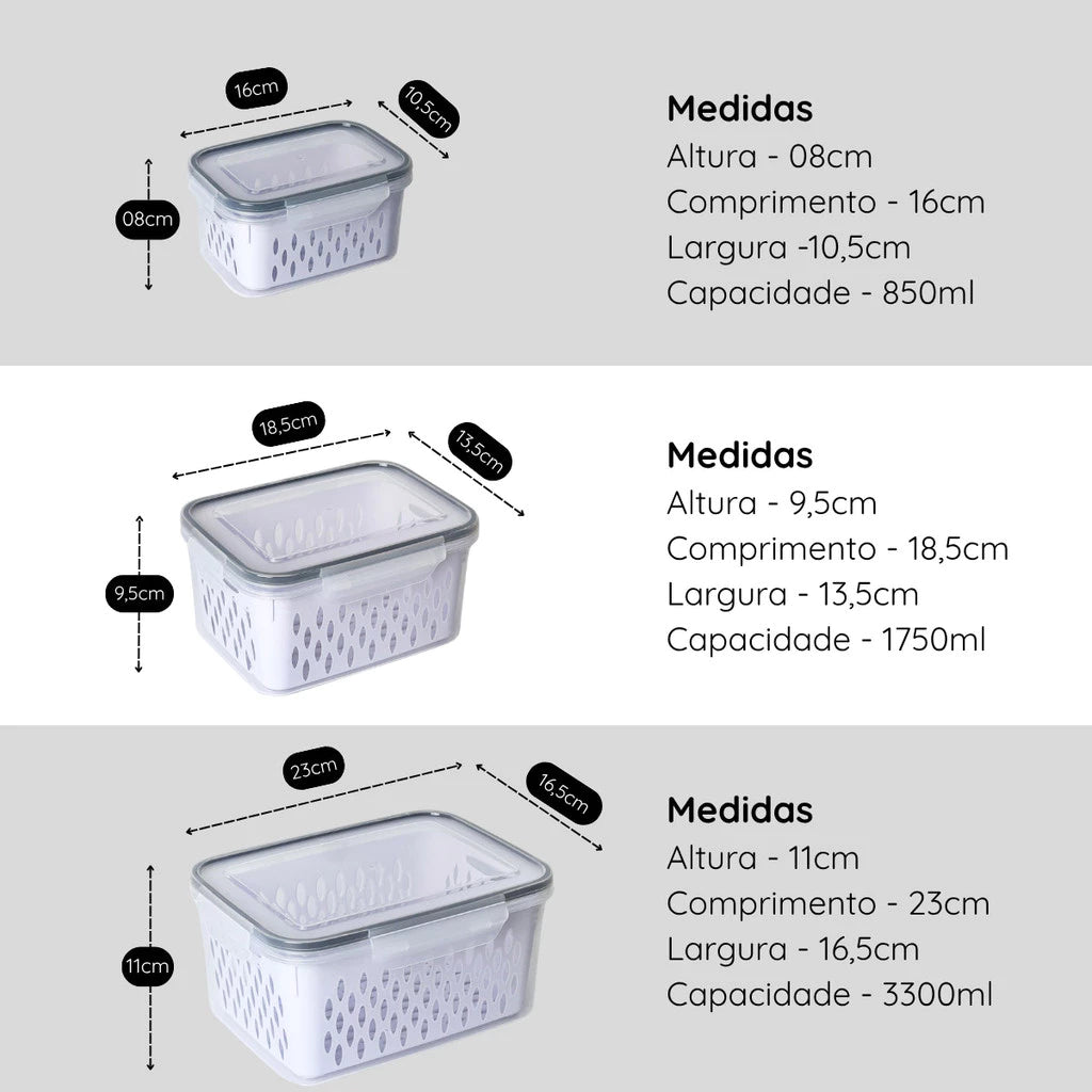 Kit Trio Wash & Store com Cesto de Drenagem – Linha Fresh