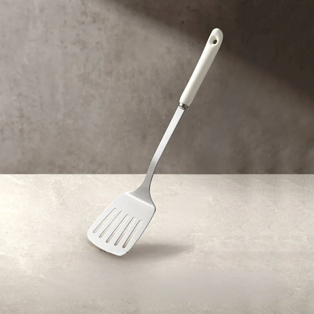 Kit de Utensílios de Cozinha em Aço Inox com Cabo de Cerâmica – 7 Peças