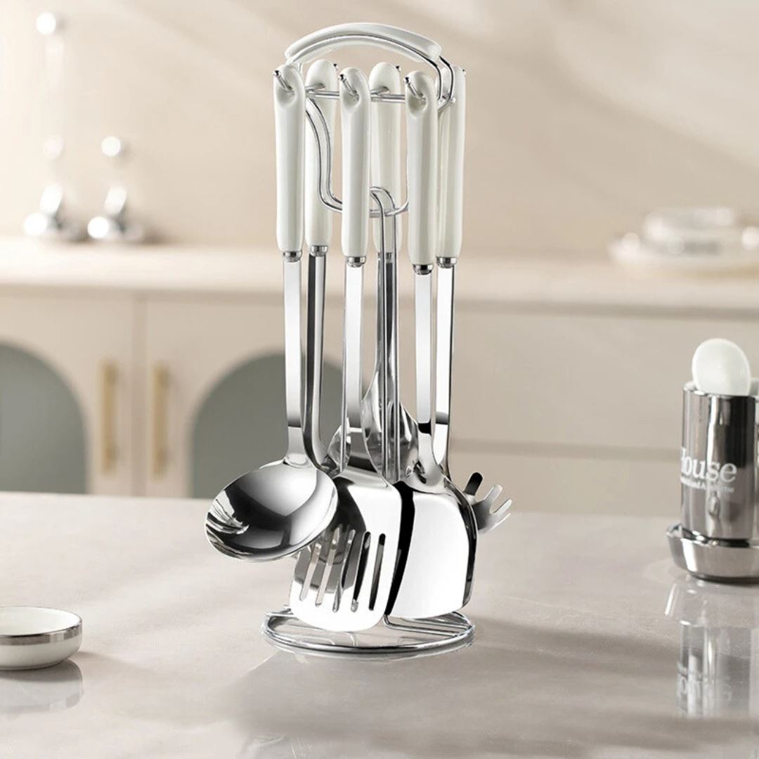 Kit de Utensílios de Cozinha em Aço Inox com Cabo de Cerâmica – 7 Peças