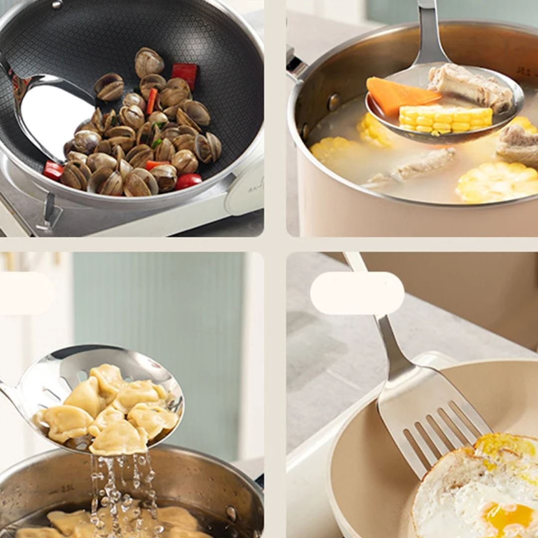 Kit de Utensílios de Cozinha em Aço Inox com Cabo de Cerâmica – 7 Peças