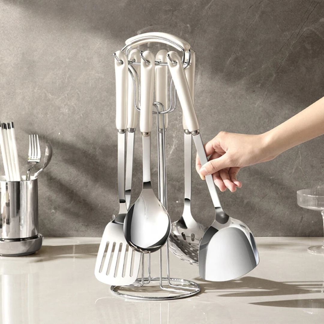 Kit de Utensílios de Cozinha em Aço Inox com Cabo de Cerâmica – 7 Peças